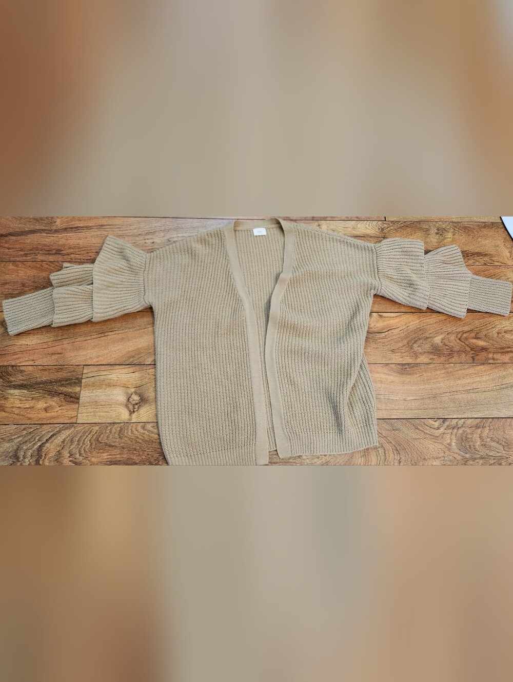 O & O Beige Oversized Ribbed Open-Front Cardigan With Multi Tier Ruffles ,size S